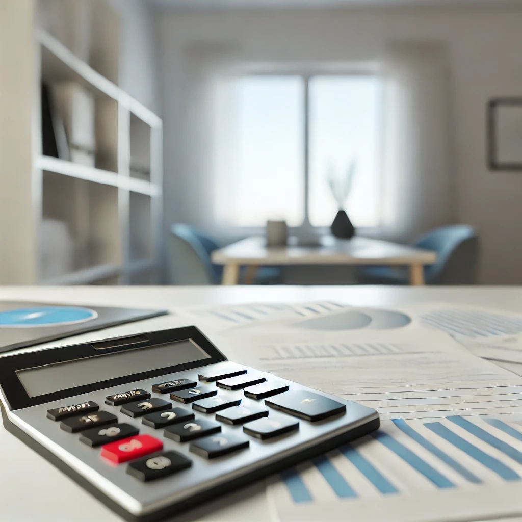 Oficina de asesoría contable con calculadora, gráficos y documentos financieros para autónomos y PYMEs