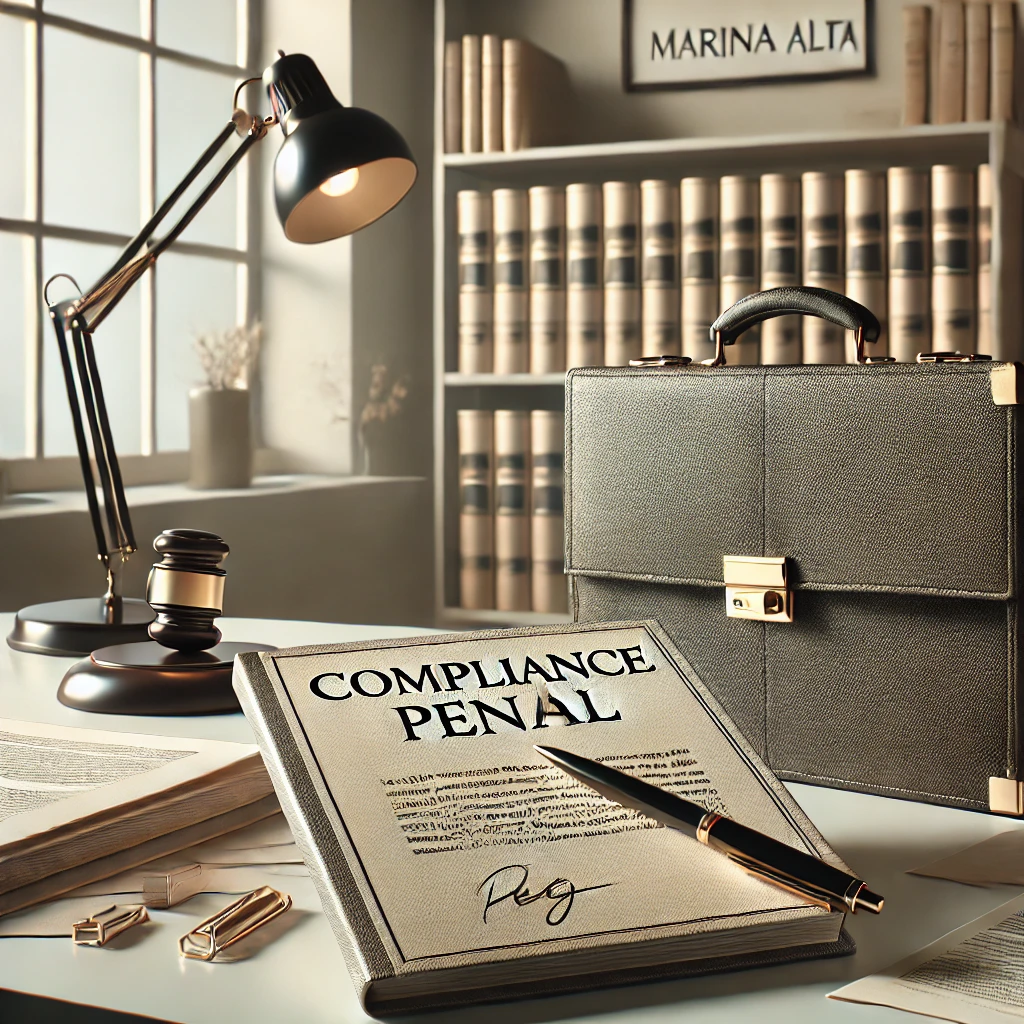 Mesa de oficina con documentos legales y maletín, representando Compliance Penal.