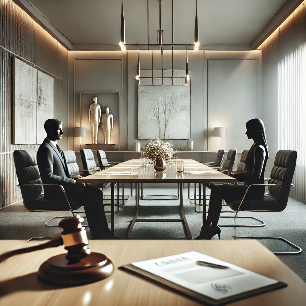 Mediación legal en proceso de negociación con dos personas y documentos en una sala formal